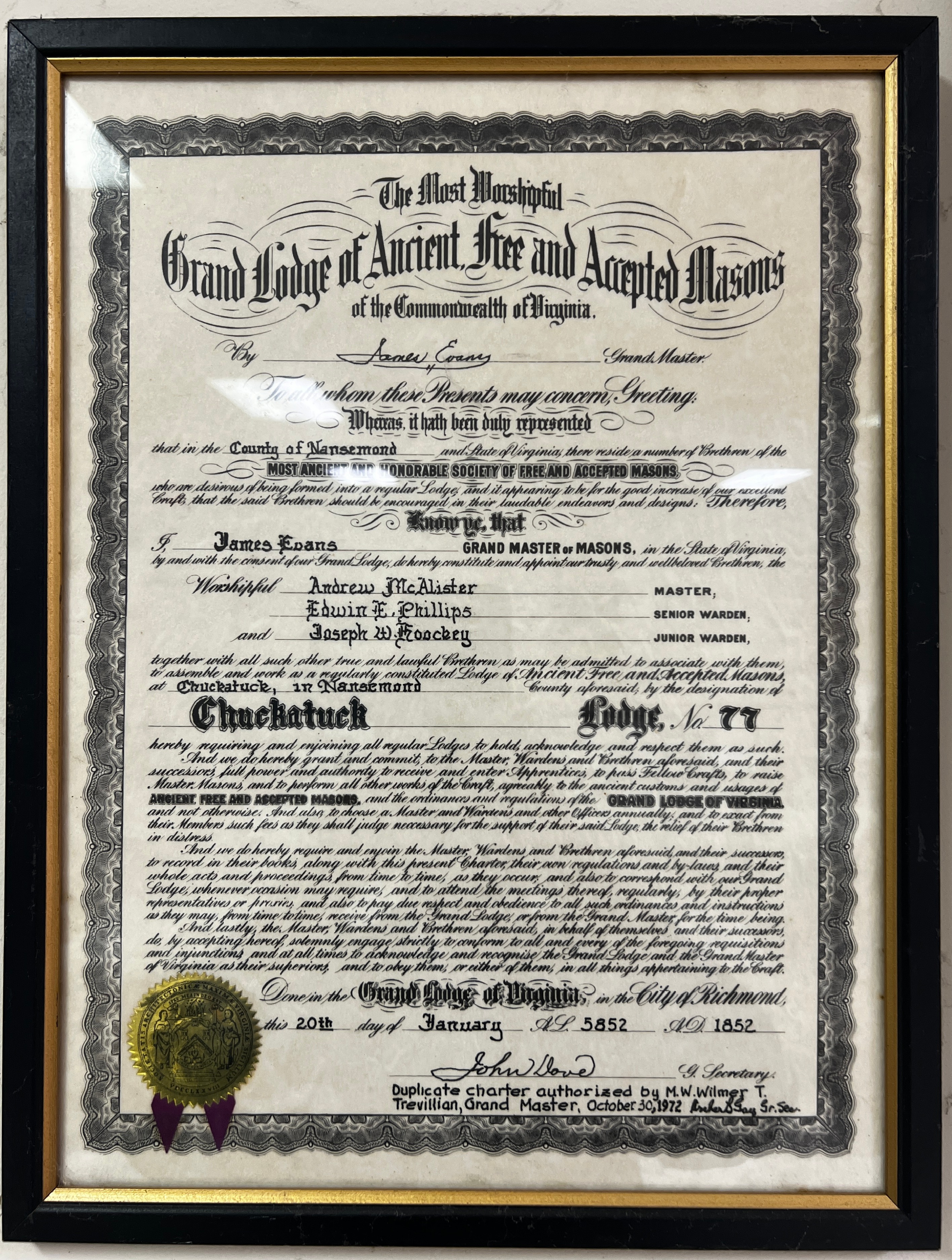 Original Charter: Chuckatuck Lodge No. 77
