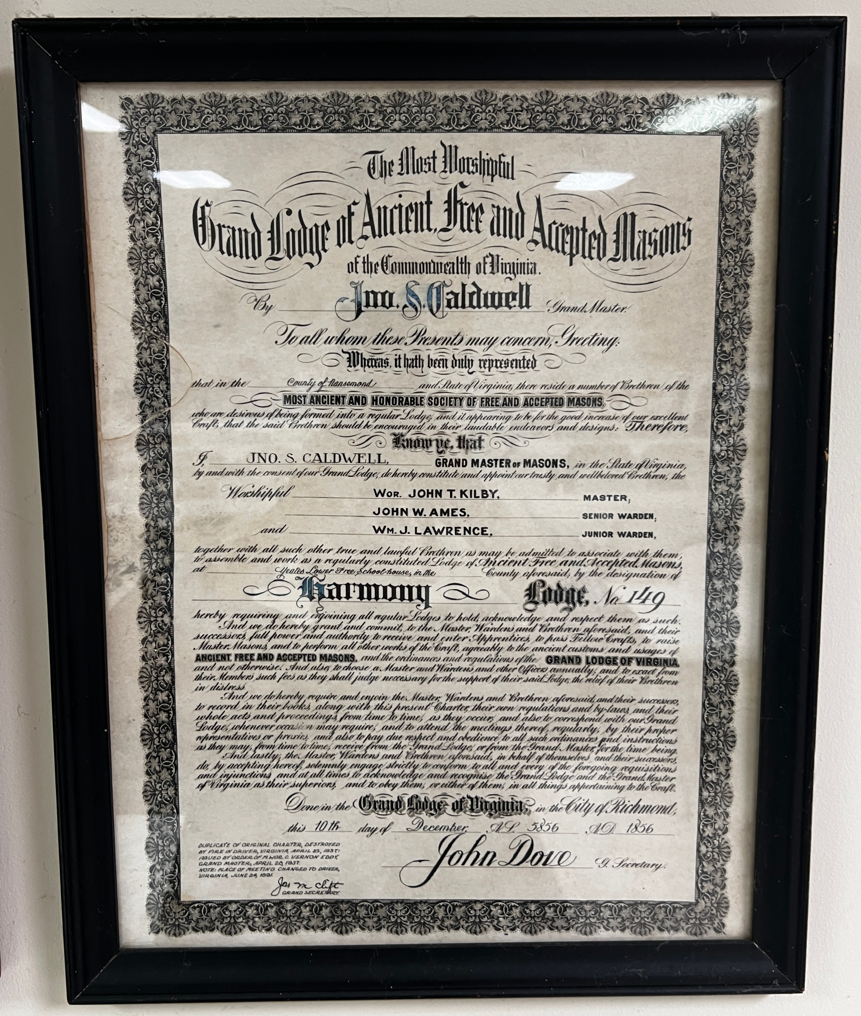 Original Charter: Harmony Lodge No. 149