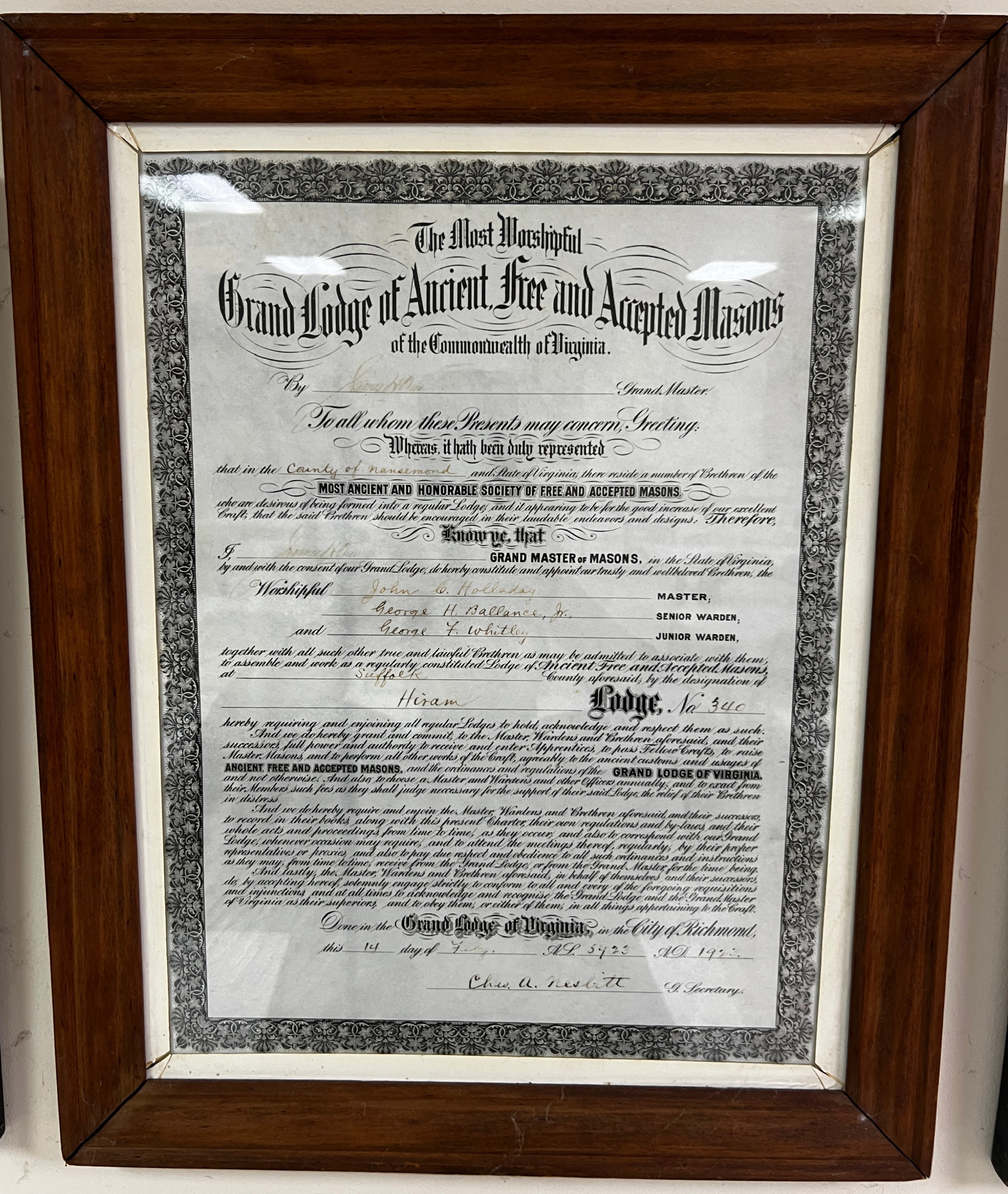 Original Charter: Hiram Lodge No. 340